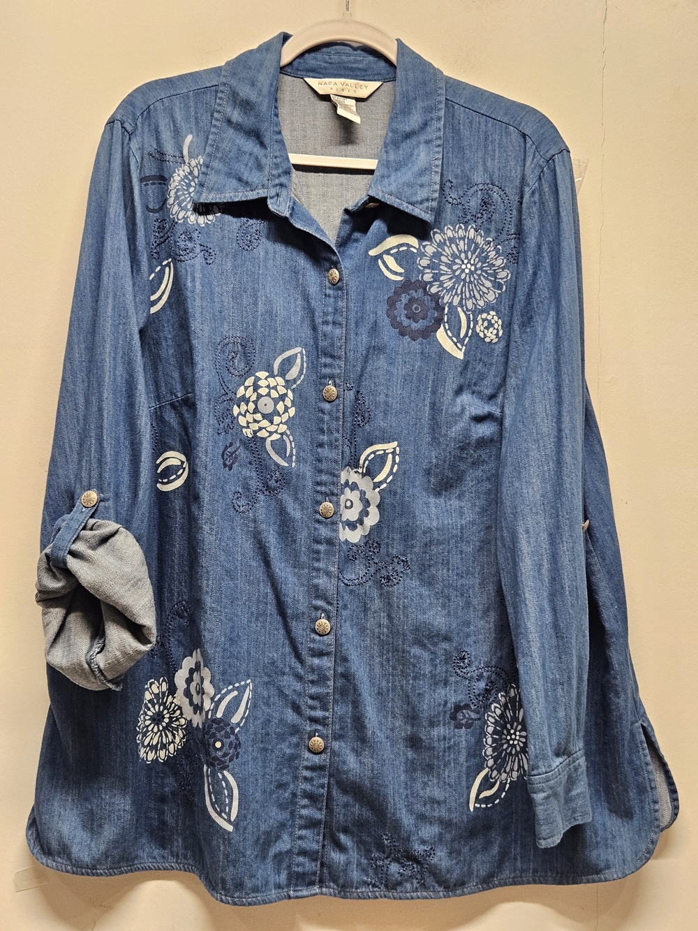 Napa Valley Blues 2X Plus Denim Floral Print Button Up Long Sleeve Shirt Boho